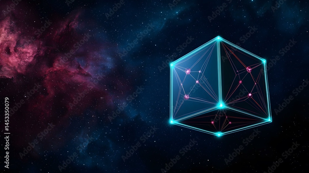 Poster a glowing, geometric cube with interconnected nodes floats against a backdrop of a deep space nebula