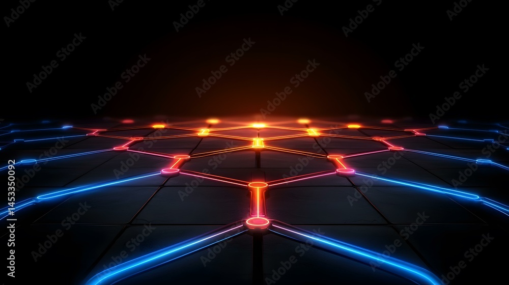 Poster a dark, abstract image shows a network of glowing neon lines in blue, orange, and red forming a hexa