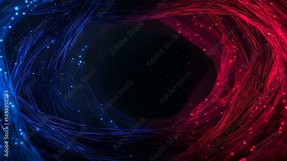 Poster the image contains an abstract depiction of swirling, luminous strands of blue and red, creating a c