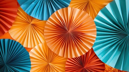 Colorful paper fans arranged for a festive backdrop or decoration.