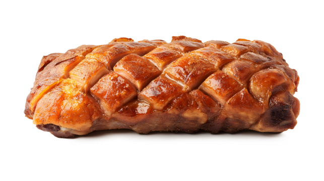 Roasted pork knuckle crispy golden skin cross hatched pattern glistening juicy meat