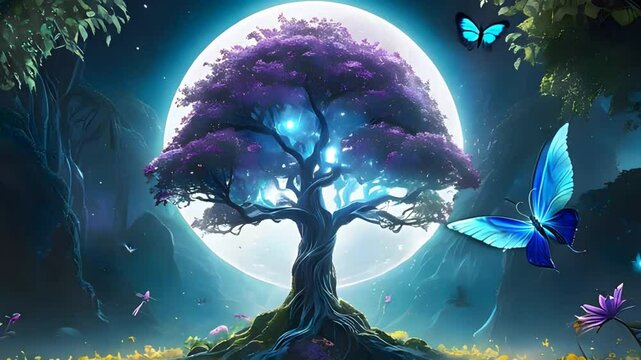Magical Bioluminescent Night Garden - Full Moon, Glowing Flora & Butterflies Loop