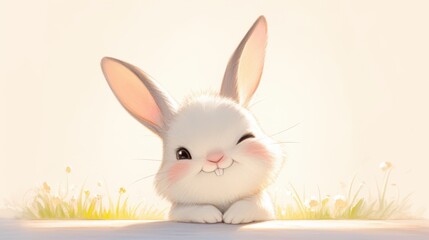 Obraz premium Charming bunny peeks over edge with a bright smile, pink cheeks, and twinkling eyes