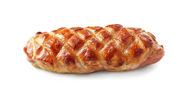 Roasted pork knuckle crispy golden skin cross hatched pattern glistening juicy meat