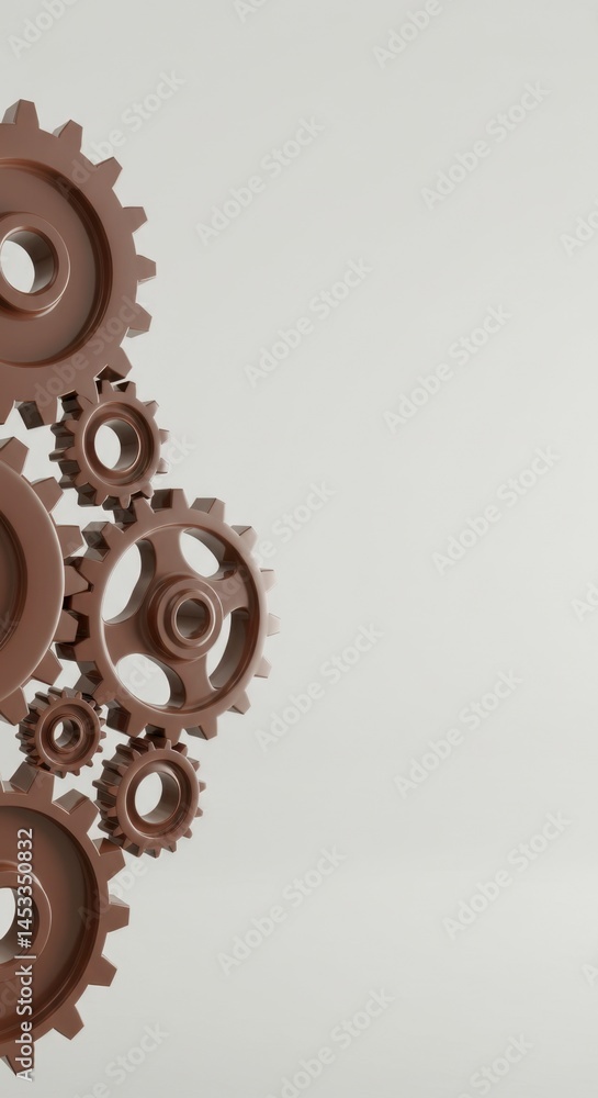 Poster brown interlocking gears abstract mechanical engineering design 3d render