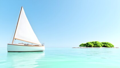 A small sailboat glides on tranquil turquoise water toward a lush, tropical islet under a clear blue sky