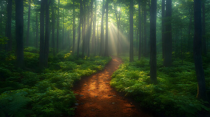 Obraz premium Sunlit Path Through a Misty Green Forest
