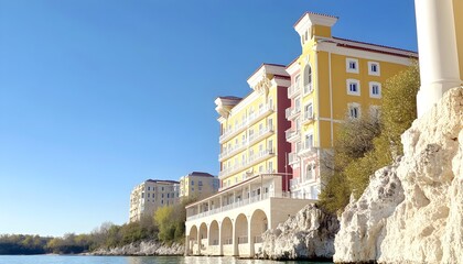Obraz premium Coastal multi-story building with yellow and red facade, situated on rocky cliffs overlooking calm water under a clear blue sky