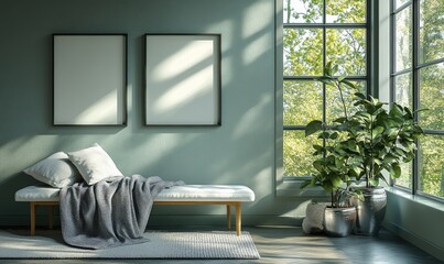 Modern, minimalist living room interior design with sunlight streaming in.