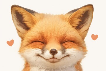 Charming fox face with a joyful expression and two small hearts beside it