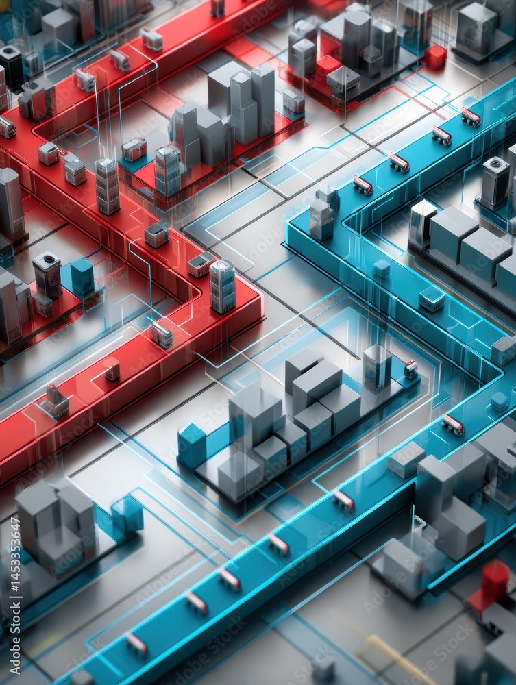 Poster Chip Factory Assembly Lines Showcase Red and Blue Diverging Paths in Advanced Manufacturing Environment Generative AI