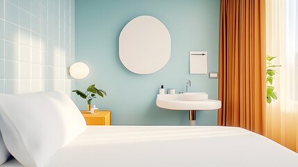 Modern bedroom with minimalist sink and pastel colors White bedding yellow nightstand and orange curtains