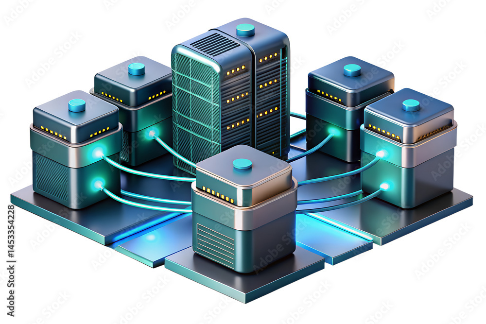 Poster isometric illustration of interconnected data servers representing cloud computing and networking