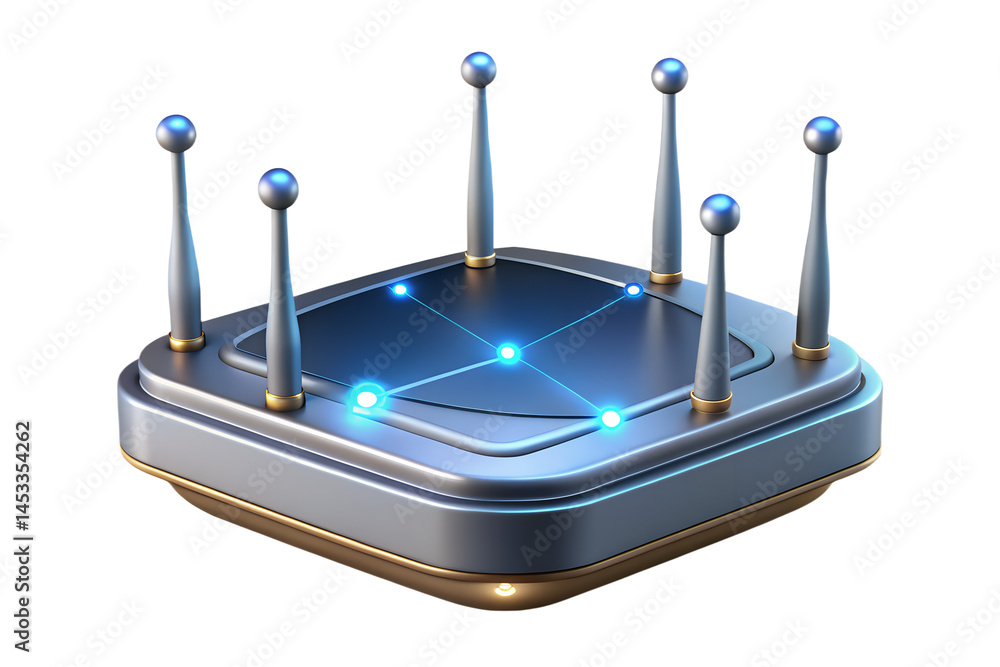 Poster modern 3d rendered wireless router with glowing signal icon isolated on white background