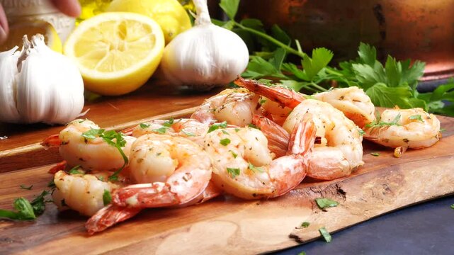Cooking garlic lemon shrimp for dinner. marinating in fresh seasoning and a squeeze of  lemon for a delicious dinner.  a quick and easy seafood dish using shrimp.  making a marinade for seafood.