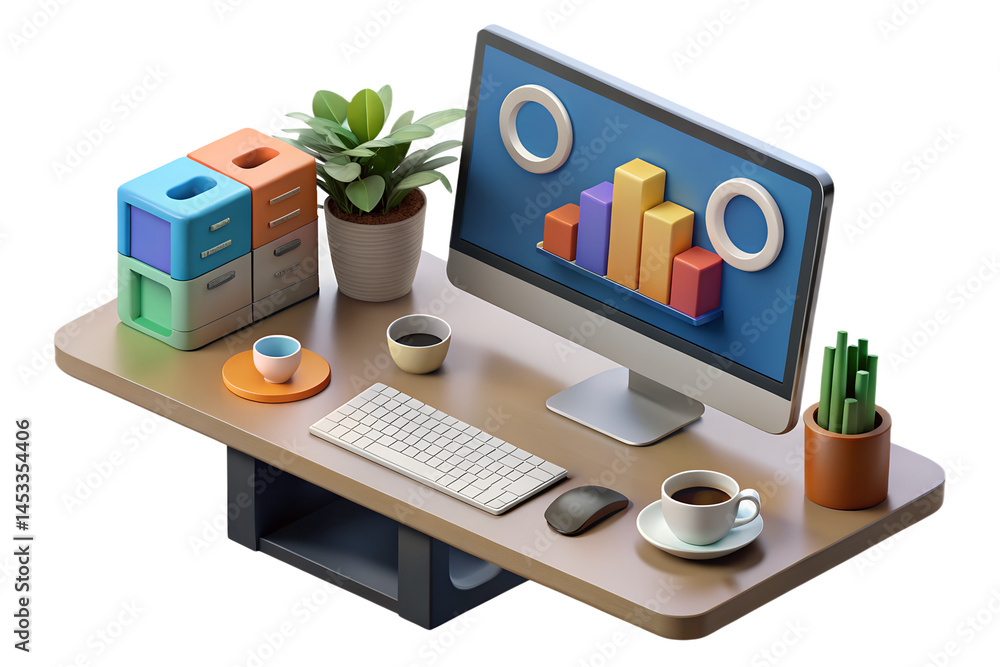 Poster stylish 3d render of a modern office desk with a computer and accessories