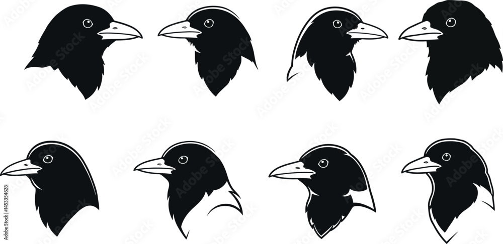 Poster black raven bird head silhouettes vector set with various angles and profiles for design use