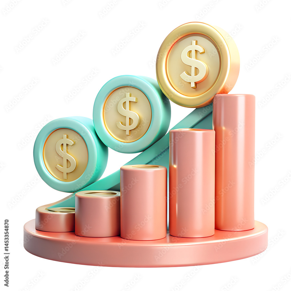 Poster rising financial success visualized with dollar coin elements and increasing bar graph representatio