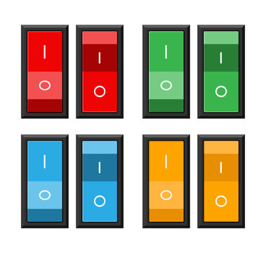 colorful power toggle switches in on and off position set illustration