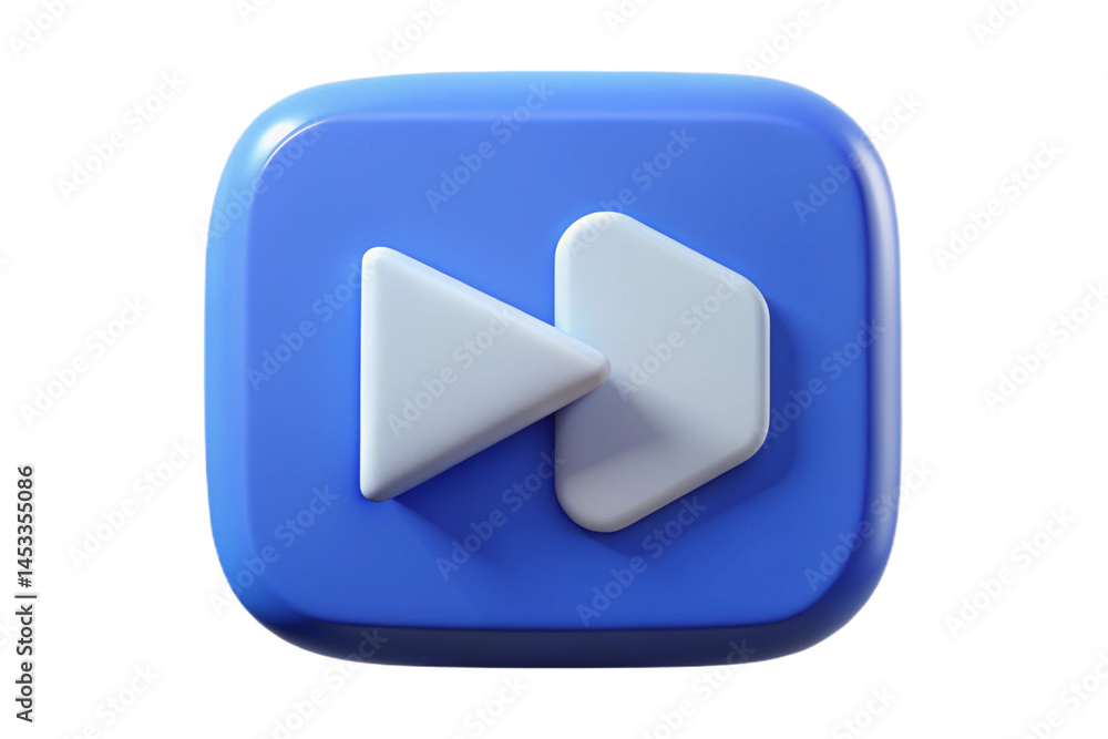 Poster 3d render of a blue and white fast forward icon button on white background