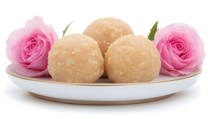 Three creamy, coconut-covered balls on a plate, adorned with pink roses