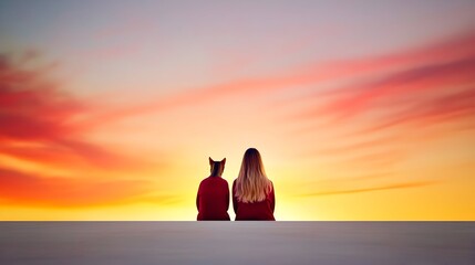 Woman and small dog sit side-by-side, watching a vibrant sunset