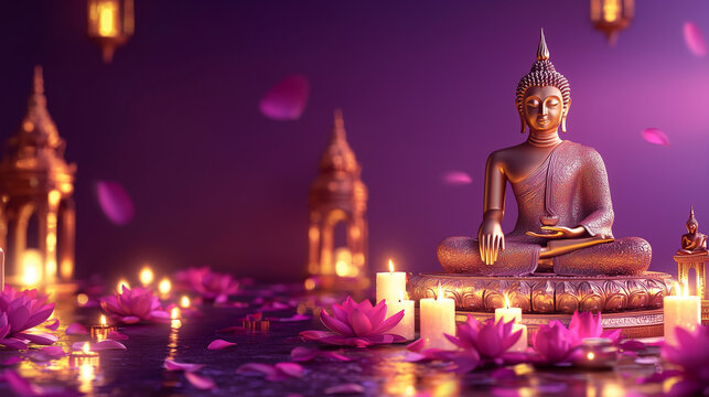 Vibrant Purple Gradient Banner Concept with Copy Space, Buddhists Lighting Candles and Offering Lotus Flowers on the Altar During Parinirvana Day, Buddha Statue Smiling for Vesak and Buddha Purnima