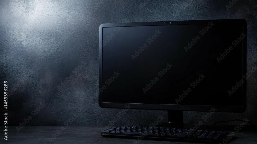 Poster dark shot of computer monitor and keyboard on desk, technology concept
