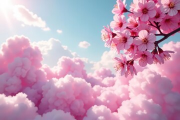 Fototapeta premium Surreal pink blossoms, floating in cotton candy clouds, clouds, bloom