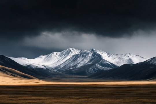 Snowy mountain range panorama stormy sky