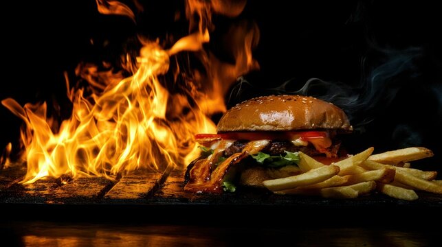 Delicious burger with fries on fire background. Tempting fast food mea