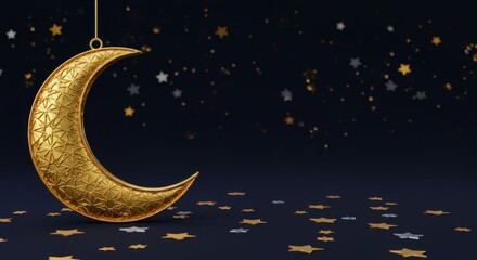 Naklejka premium Golden Crescent Moon Ornament with Scattered Stars Night Festive Decoration