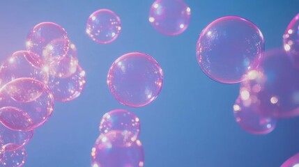Floating soap bubbles, iridescence creates a dreamy and clean backgrou