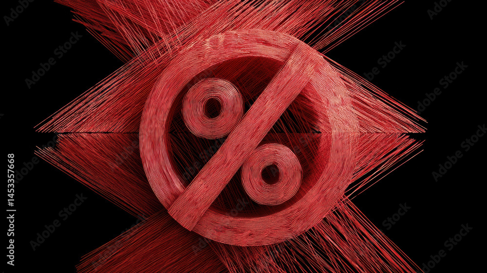 Poster red abstract percentage symbol is creatively wrapped with string, symbolizing economic concepts. des