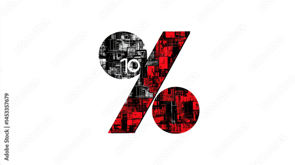 Poster abstract percentage symbol with intricate black and red patterns, symbolizing economic concepts