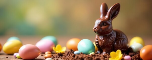 Festive chocolate bunny surrounded by colorful Easter eggs and candies , jelly beans, holiday