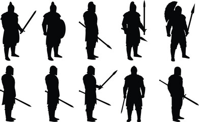 Silhouettes of ancient warriors holding swords and spears in various battle stances vector illustration 