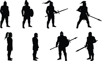 Medieval warrior silhouettes with swords and shields in various battle poses vector illustration 