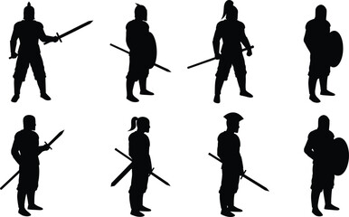 Obraz premium Medieval warriors silhouette vector set with swords and shields in various battle poses for historical illustration 
