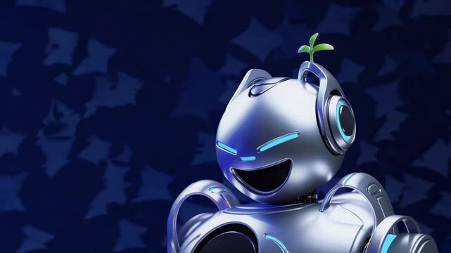 Friendly eco robot glowing blue eyes stands vibrant green field tiny sprout symbolizing hope harmony tech nature