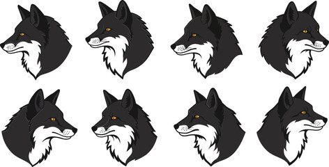 Black and white wolf head profile set vector illustration with yellow eyes natural animal portraits 