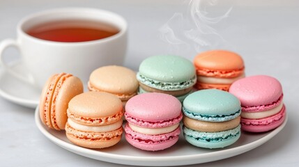 Fototapeta premium Colorful Macarons Served with Hot Tea on a Marble Table