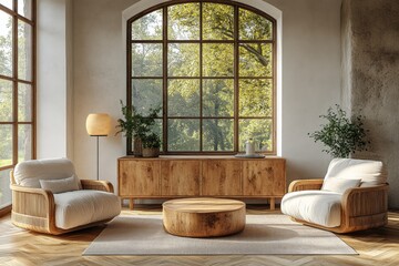 Spacious living room with natural wood furniture and large windows.