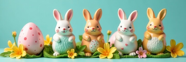 Group of playful ceramic bunnies nestled amongst speckled and floral decorated eggs , whimsical, springtime, rabbit