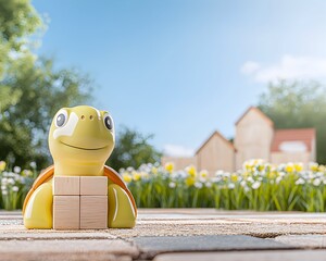 A cheerful turtle carries wooden blocks in a garden setting  Bright flowers and houses blur in the background suggesti