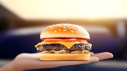 A juicy cheeseburger with sesame seed bun, melted cheese, tomato, pickles, and beef patty, held gently in a hand against a blurred background