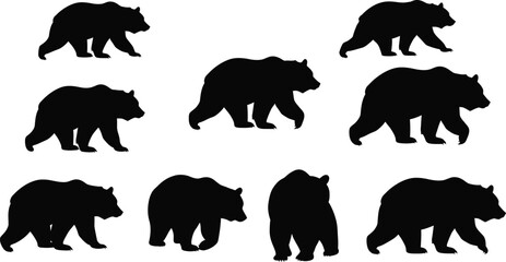 Naklejka premium Bear silhouette vector set with different walking and standing poses for wildlife and nature designs 