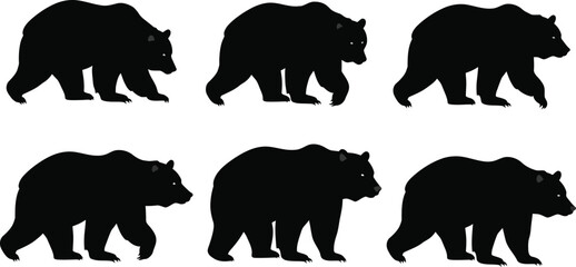 Bear silhouette vector collection showing different walking poses in black natural animal shapes