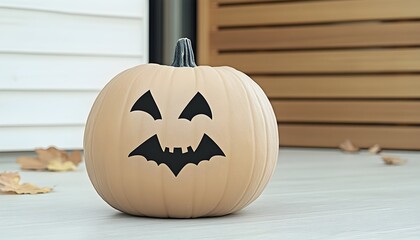 A light tan pumpkin with bat-shaped features sits on a porch, near fallen autumn leaves