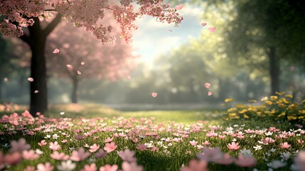Obraz premium Springtime beauty: a vibrant garden filled with pink blossoms and soft sunlight.
